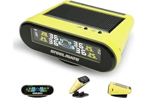 STEEL MATE Solar Power Tire Pressure Monitoring System, 6 Alarm Modes,Support Car Bracket Function, Auto Backlight & Smart LCD Display, Auto Sleep Mode, with 4 External Tpms Sensor (Yellow)