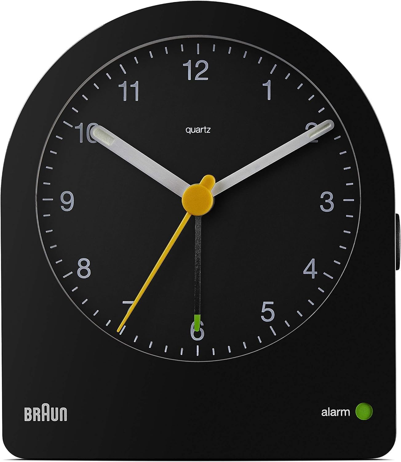 Braun Classic Analogue Alarm Clock with Snooze and Continuous Backlight, Quiet Quartz Movement, Crescendo Beep Alarm in Black, model BC22B.