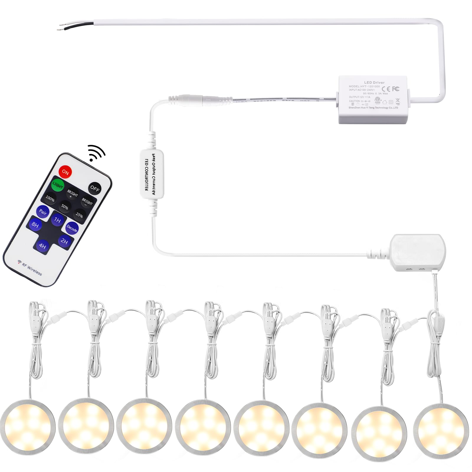 AIBOO Linkable Under Cabinet LED Lighting 12V Dimmable Puck Lights Hardwired with Wireless RF Remote Control for Kitchen Mood Lighting(8 Lights, Warm White)