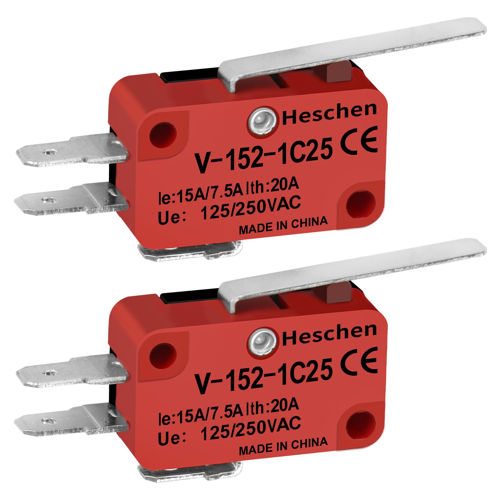 Heschen Micro Switch, XV-152-1C25, SPDT, Short Hinge Lever, 20A 250VAC, 2 Pack