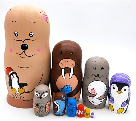 Amazon Co Jp 子供用木製の手作りマトリョーシカ人形10ピースかわいい漫画動物パターンネスティング人形セットおもちゃ ホーム キッチン
