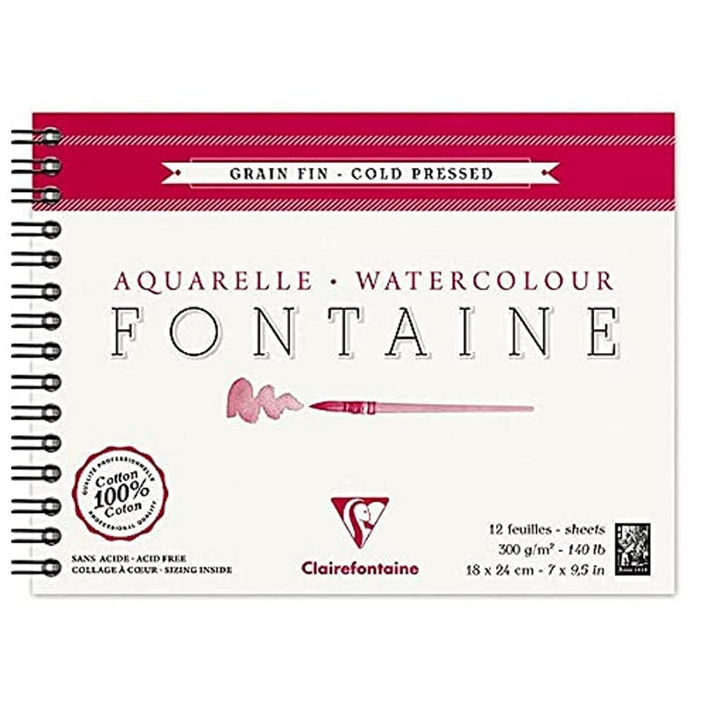 Clairefontaine - Ref 96313C - Fontaine Cold Pressed Watercolour Wirebound Pad (12 Sheets) - 18 x 24cm Size, 300gsm Paper - Suitable for Watercolour Artwork