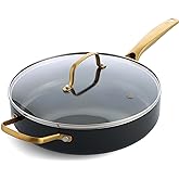 Blue Diamond 4QT Saute Pan with Lid, Non Toxic Induction PFAS-Free Diamond Ceramic Nonstick, Dishwasher & Oven Safe, Metal Utensil Safe, Gold Handle & Helper Handle, Jumbo Skillet, Glass Lid, Black