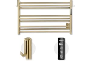 K&KALONZO Towel Warmer for Bathroom, Wall-Mounted 9-Bar Heated Towel Rack with Built-in Timer, Waterproof Electric Towel Heater, Support Plug-in and Hardwired, Brushed Gold, EL13M