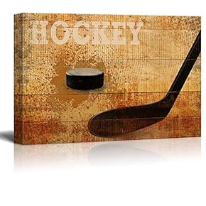 Rustic Hockey - Stick and Puck Vintage Wood Grain - Canvas Art Home Art - 12x18 inches