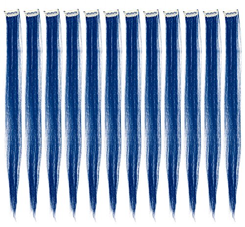 SWACC 12 Pcs Straight One Color Party Highlights Clip on in Hair Extensions Colored Hair Streak Synthetic Hairpieces (Blue)