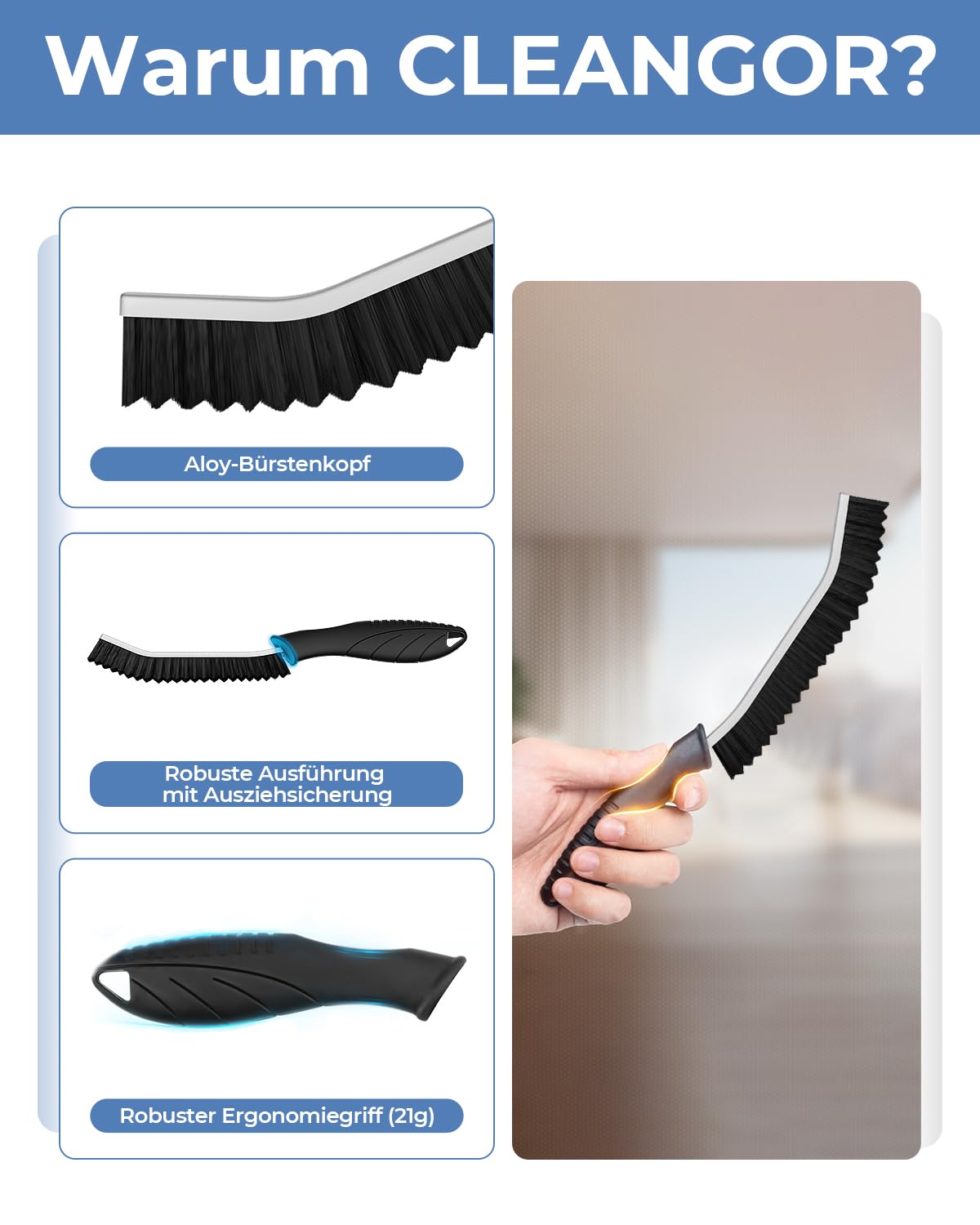 Cleangor Fugenbürste mit Zahnborsten, Hartborsten Ecken Reinigungsbürste, Crevice Cleaning Brush für Bad Fliesen Dusche Küche Toilette | Schmales Design für Ritzen & Fuge (3, SCHWARZ) 5