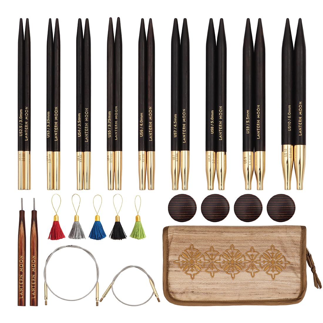 Lantern Moon Interchangeable Knitting Needles – 9 Pairs of 10cm 4” Tips – 2 Swivel Cords 40,50cm – End Caps, Stitch Markers - Khadi Silk Zippered Case - Sizes 3,3.25,3.5,3.75,4,4.5,5,5.5,6mm