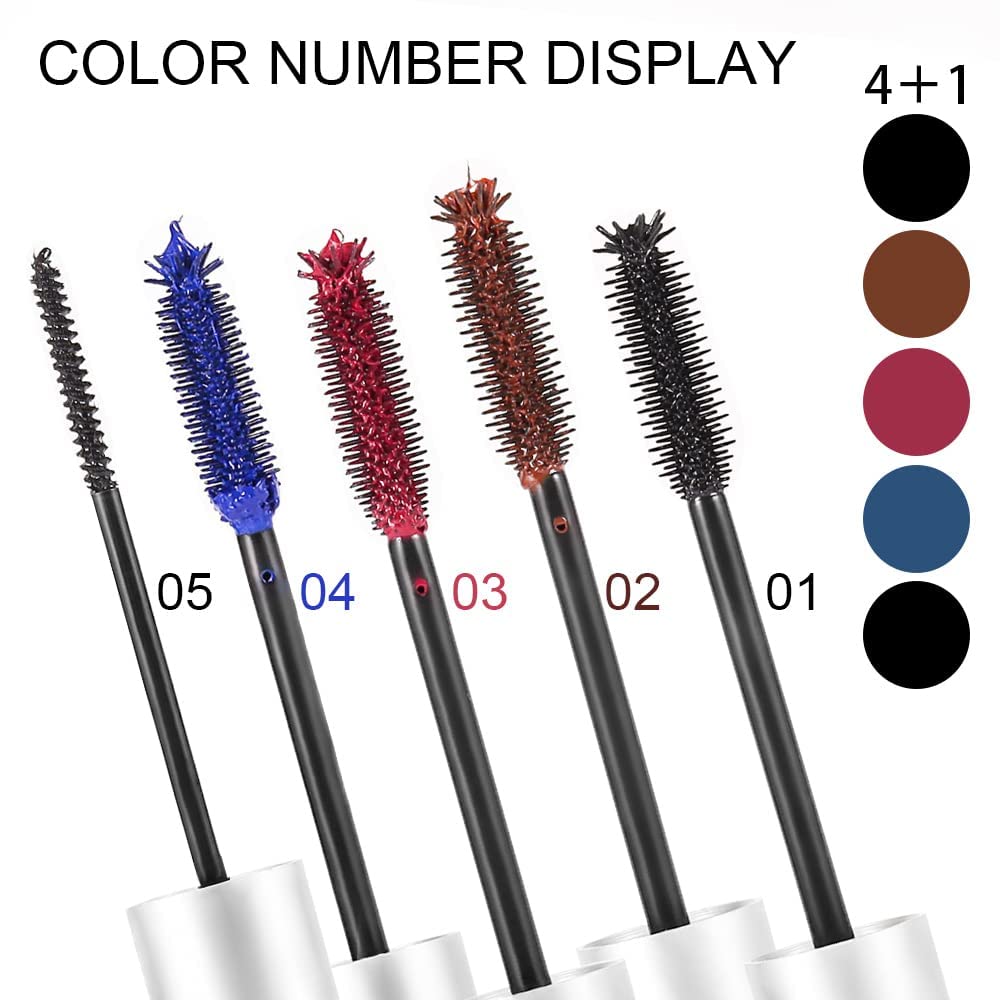 4pcs Colored Mascara and 1Pcs Black Skinny Mascara Set, Blue Red Brown Mascara eyelash Volume and Length, 4D Silk Fiber Lash Extensions Mascara, Natural Hypoallergenic Cruelty-Free Mascara