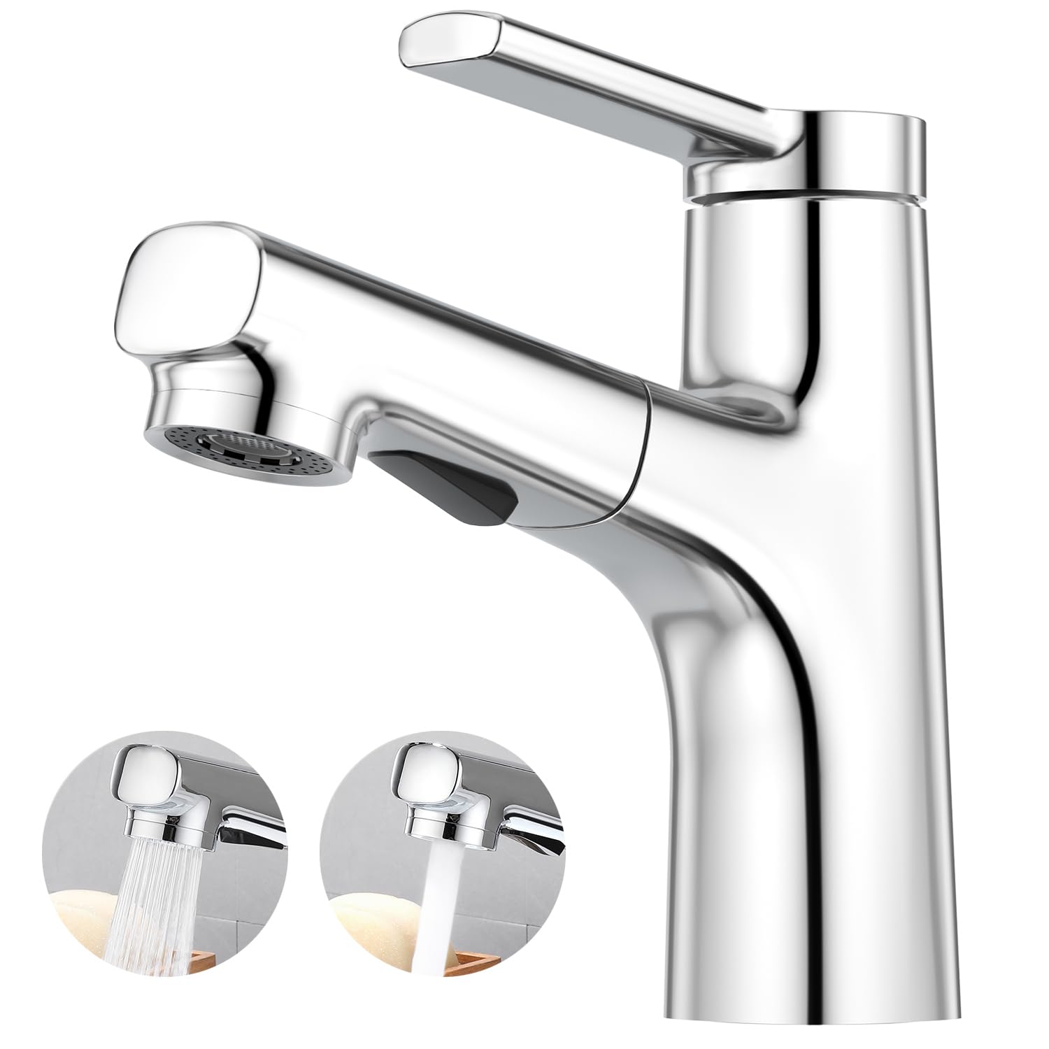 CREA Pull Out Bathroom Mixer Basin Tap, One Hole Monobloc Single Lever with Extendable 2 Functions Sprayer, Brass Chrome Polished Finish, UK Standard
