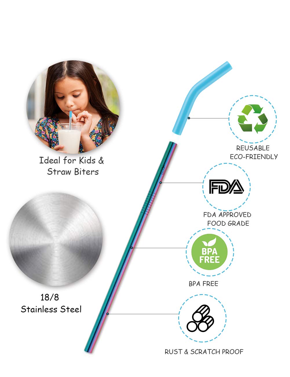 Reusable Stainless Steel Metal Drinking Straws with Flexible Silicone Tips - Extra Long x 8mm Wide for 30oz 20oz Tumblers, Set of 8 with 2 Cleaning Brushes 1 Portable Case, Rainbow