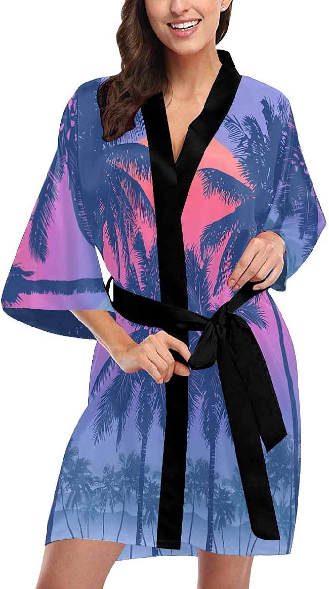Custom Tropical Sunrise Coconut Tree Women Kimono Robes