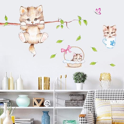 Amazon Com Cute Cartoon Cat On The Tree Branches Wall Decals Removable Kitty Wall Stickers Decor Girls Bedroom Decal Kids Nursery Sticker Bathroom Wall Art Decoration Kitty Decals Cats Wall Sticker Arts Crafts
