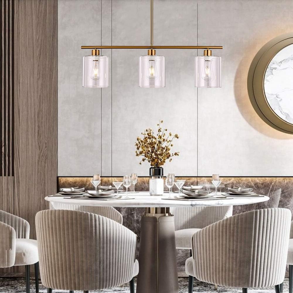 XILICON Kitchen Island Lighting Chandelier Light Fixture for Dining Room Hanging Brushed Brass 3 Light Pendant Light Contemporary with Glass Shade for Living Dining Room Bedroom - - 