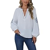 Binsvind Women‘s Embroidery Cotton Blouses Raglan Long Sleeve V Neck Tie Front Floral Babydoll Tops Boho Chic