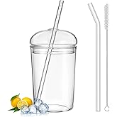 Qancesd Iced Coffee Cup with Lid and Straw, 16oz Glass Tumbler with Dome Lid, Drinking Glasses for Smoothies, Juice