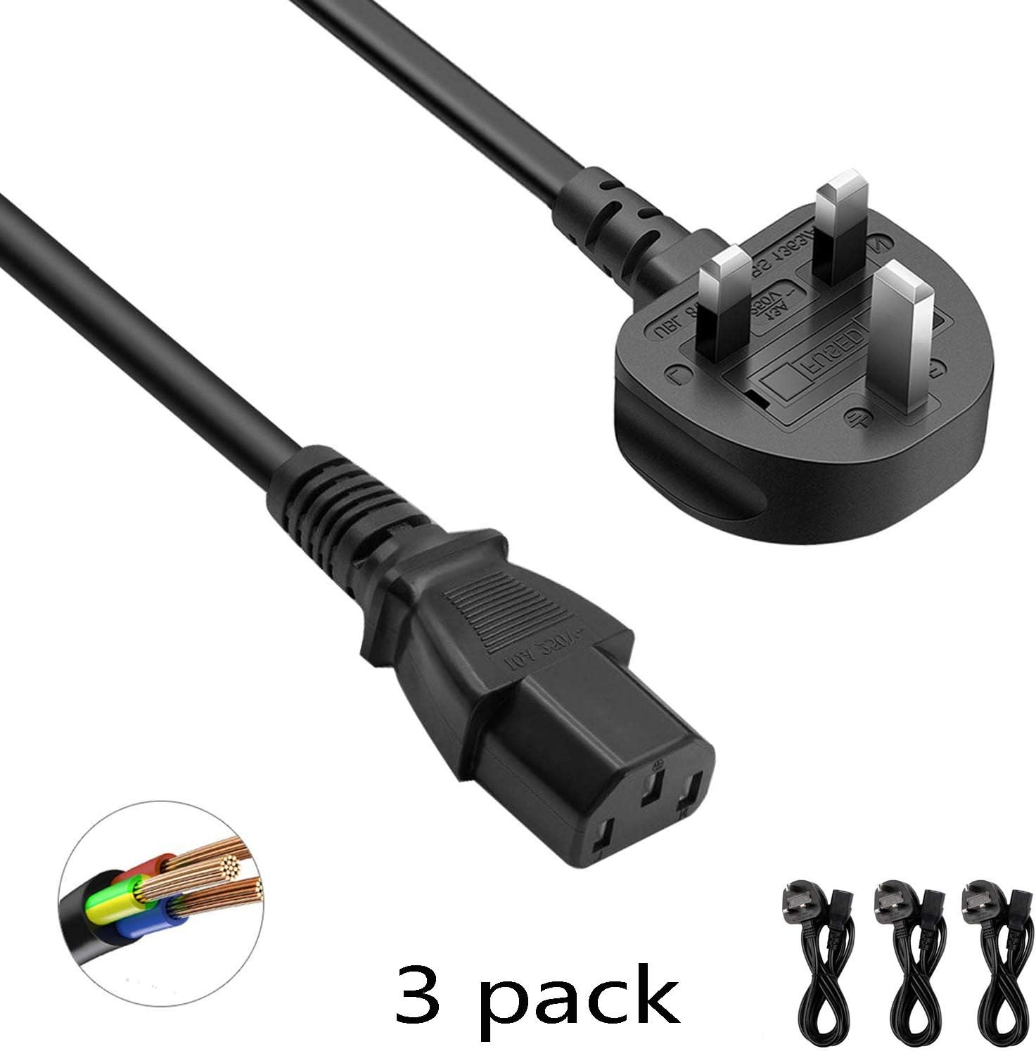 DTK 3 Pack 1.2M Kettle Lead IEC 320 C13 H05VV-F 3 * 0.75mm² Power Cable, UK Mains 3 Prong Cord for PC Computer, Printer, Monitor, TV, Projector, PS3 / PS4 PRO, DJ Equipment, Stage Equipment, Black