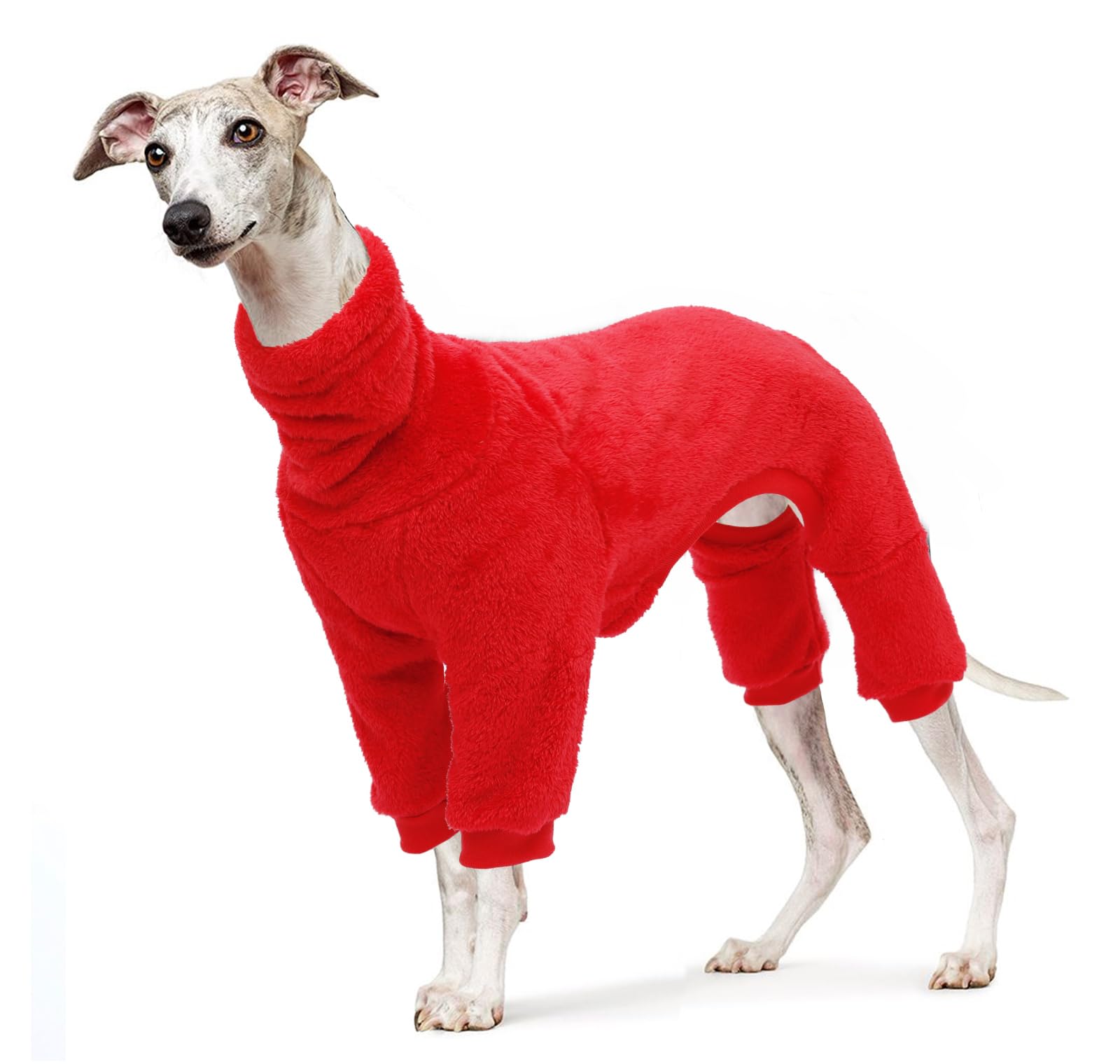 babepet Fuzzy Velvet Coat for Greyhound,Whippet Clothes with legs,Windproof Turtleneck Dogs Jumpsuit,Dog fleece Pajamas Pjs,Super Warm Winter Pullover for Whippet Greyhound Lurcher Salukis-Red-L