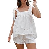 ROAONOCOMO Women 2 Piece Pajama Set Tie Shoulder Peplum Cami Top Ruffle Coquette Pj Set Floral Babydoll 2 Piece Shorts Outfit