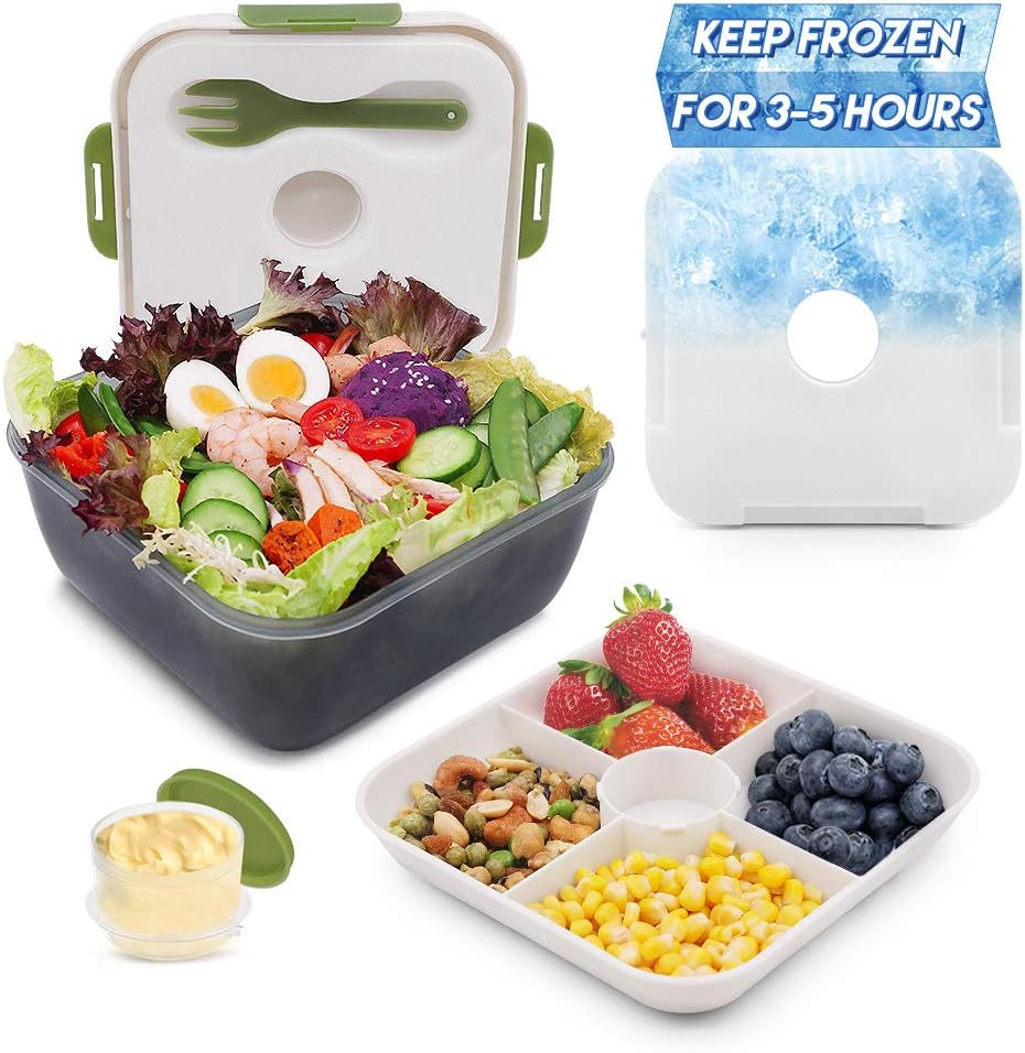  | Rassody 74 OZ Salad Container To Go for Lunch with Ice Pack, Dressing Cup and 4 Compartments for Salads Toppings, Snacks, Fruits, Built-In Fork, Large Mixing Bowl, Leak-Proof, Reusable and BPA-Free: Salad Bowls