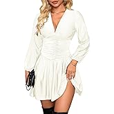ChiaoLezhee Pleated Mini Dress, V Neck A Line, Semi Formal Cocktail, Smocked Ruched Short Skater Dresses Date Night for Women