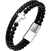 YL Mens Beaded Leather Bracelet, Black Onxy/Tiger Eye/Turquoise 18K Gold/Rhodium Plated Cross Christian Letter Initial Cuff Stainless Steel Handcrafted Jewelry Gifts