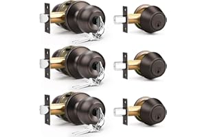 Brotima 3 Pack Entry Door Locksets with Single Cylinder Deadbolt, Oil Rubbed Bronze Exterior Door Lock Set with Same Key, Front Roound Door Knob and Deadbolt Set