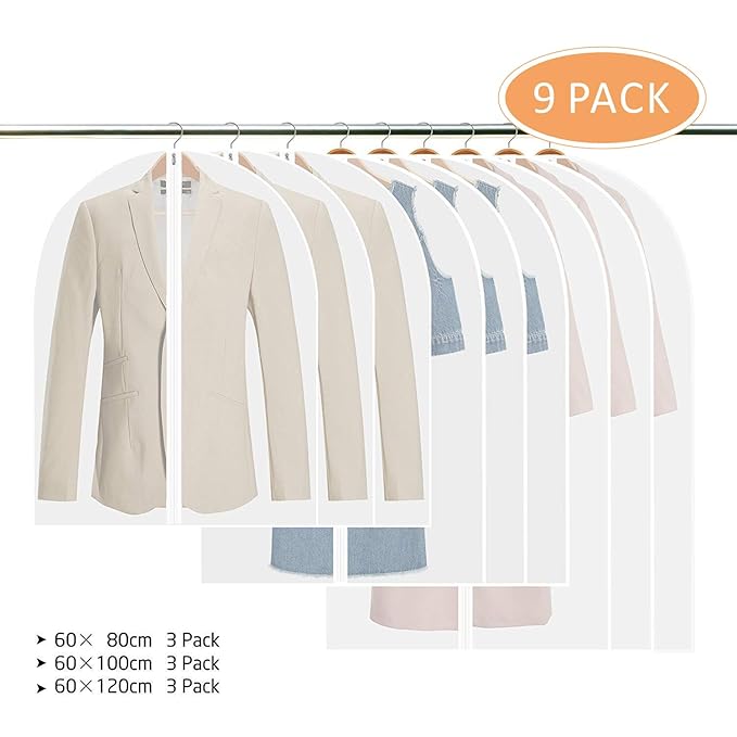 Fundas de ropa,Tintec Juego de 9 fundas de ropa transpirables,bolsas de ropa a prueba de polvo,con cremallera completa y agujero superior para gancho de percha