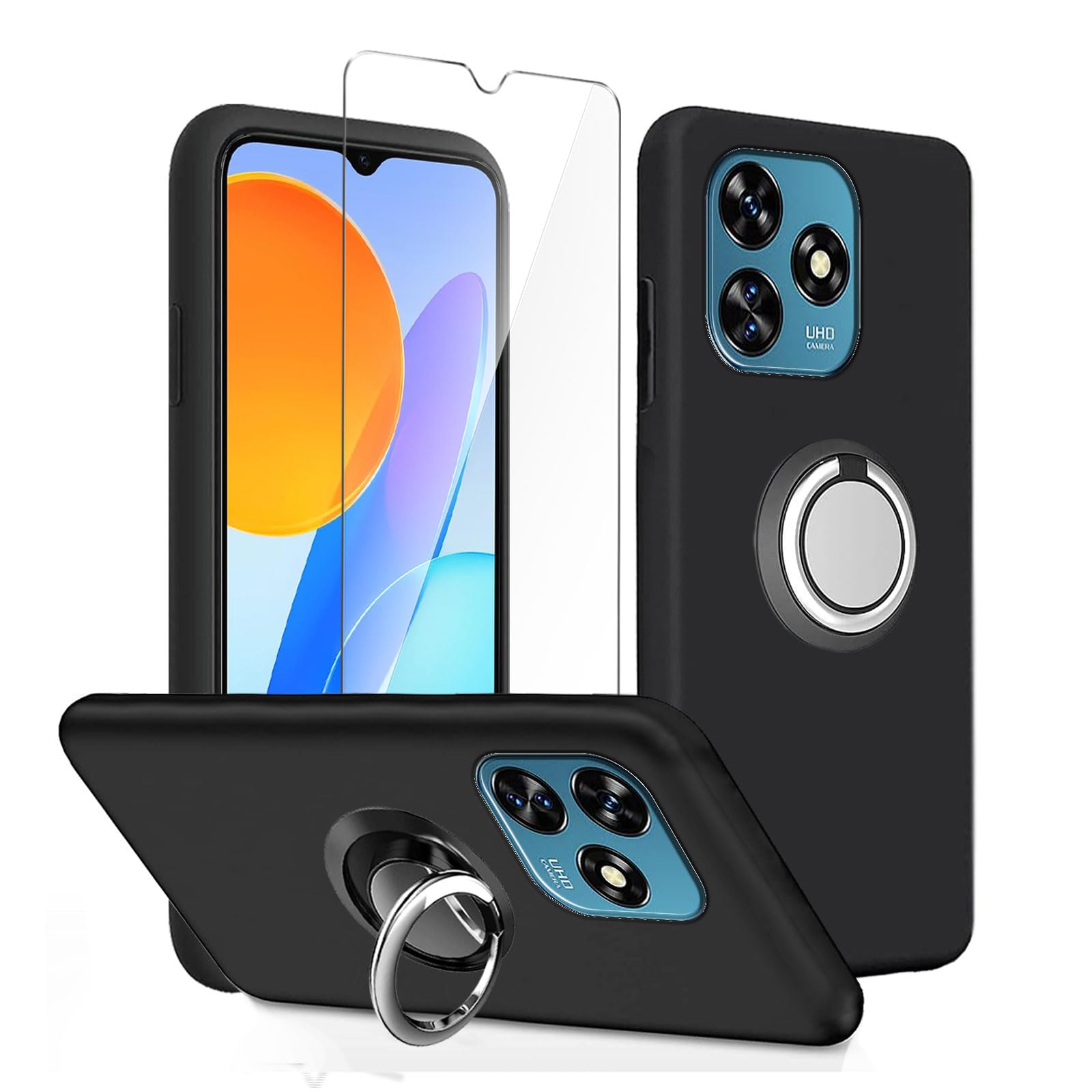 LYZXMY Case Compatible with Oukitel C53 (6.6") Black Cover + Rotating Bracket + Tempered Film Glass Screen Protector - Silicone Soft TPU Cover Shell