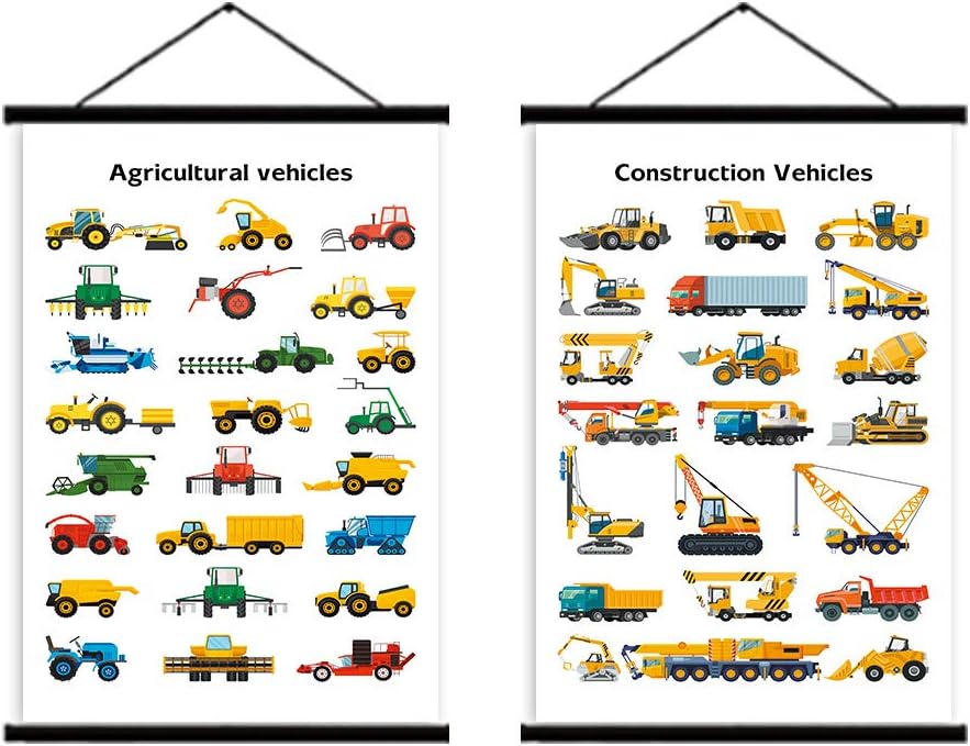 Construction Vehicles Art Print, Kids Room Magnetic Natural Black Wood Hanger Frame Poster, Canvas Painting Typology Truck Excavator 28X45cm Wall Hanging Transportation Symbols for Kids Room Decor