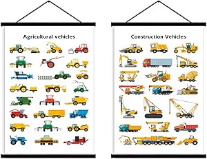 Construction Vehicles Art Print, Kids Room Magnetic Natural Black Wood Hanger Frame Poster, Canvas Painting Typology Truck Excavator 28X45cm Wall Hanging Transportation Symbols for Kids Room Decor