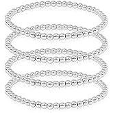 SM Stainless Steel Gold Silver Rose gold Beaded Ball Bracelets 4PCS Set for Women Stretchable Elastic Bracelet (4mm - Silver, Stainless Steel)