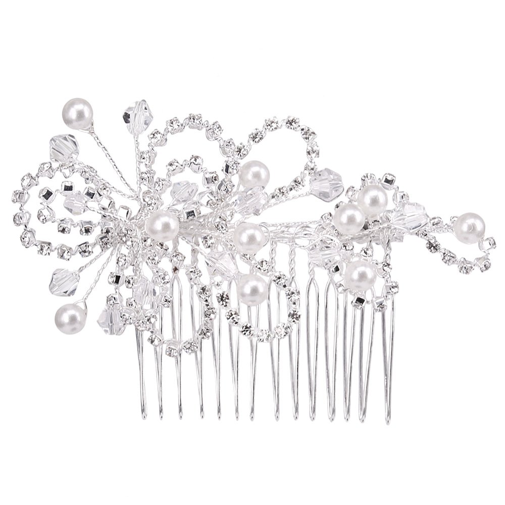BiBeary Women Elegant Wedding Crystal Simulated Pearls Big Butterfly Manual Handmade Hair Comb Hair Jewellery Silver-Tone
