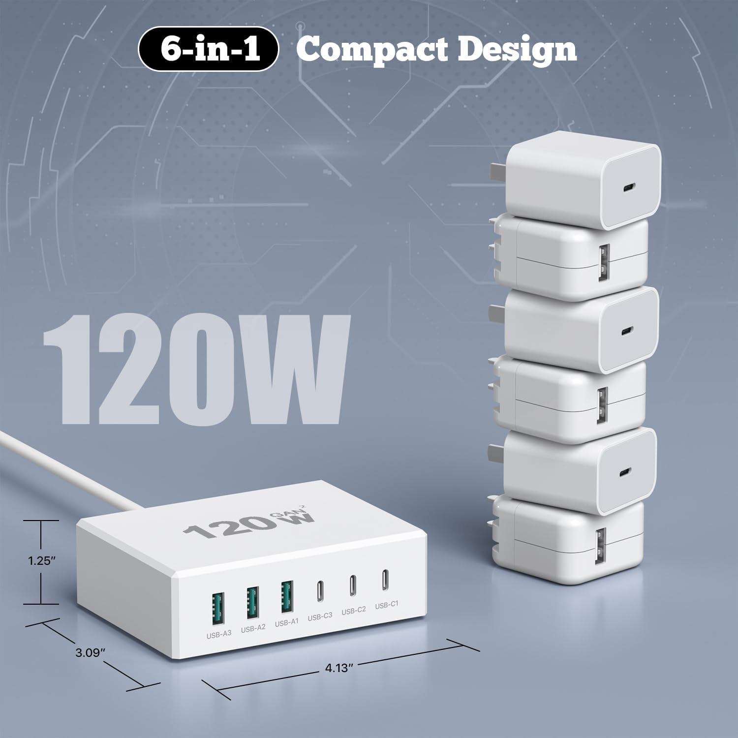 USB C Ladegerät 120W GaN，USB Ladegerät Mehrfach 【3USB-C + 3USB-A】 PD Ladestation 6 Port USB C Ladestation Kompatibel mit iPhone/Samsung/Google/Tablet/Mobil Power und Anderen USB Geräten (Weiß) 7