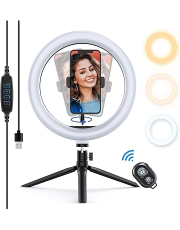 Yoozon Luz de Anillo LED 10" fotográfica de Escritorio, 3 Colores 10 Brillos Regulables Control Remoto Bluetooth, Trípode con Soporte Giratorio de teléfono para Selfie, Maquillaje, Youtube, TIK Tok