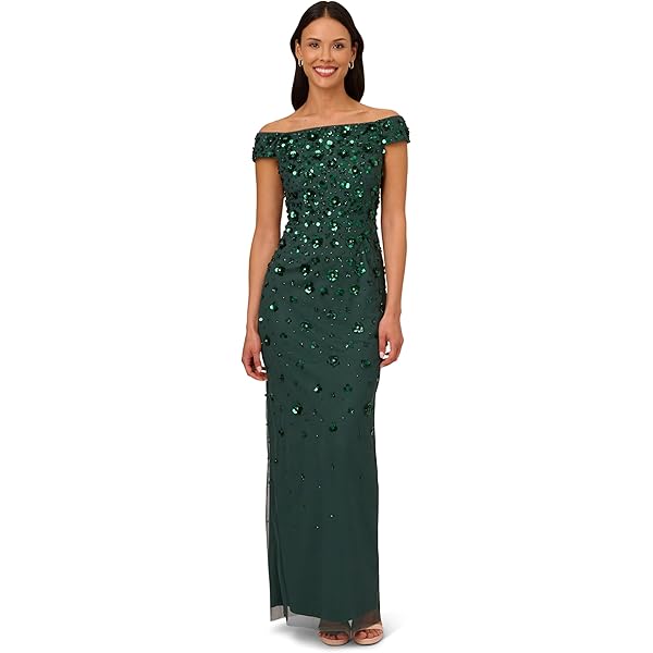 adrianna papell beaded cold shoulder dress Adrianna Papell Women's Off-The-Shoulder Beaded Floral Sheath Dress - Black main image 1