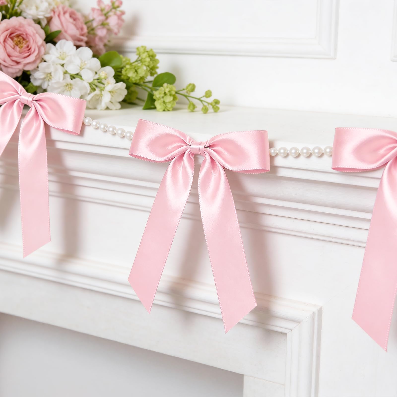 Photo 1 of 2 Strings Pink Bow Garland Banner, Pre-Strung Satin Ribbon with 6.5ft Pearl Chain for Coquette Birthday, Bridal Shower, Bachelorette Party, Baby Shower, Engagement, Graduation & Anniversary Decor