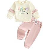 Madjtlqy Toddler Baby Girl Fall Winter Outfit Clothes Flowers Crochet Embroidery Long Sleeve Sweatshirt Tops and Pants Set