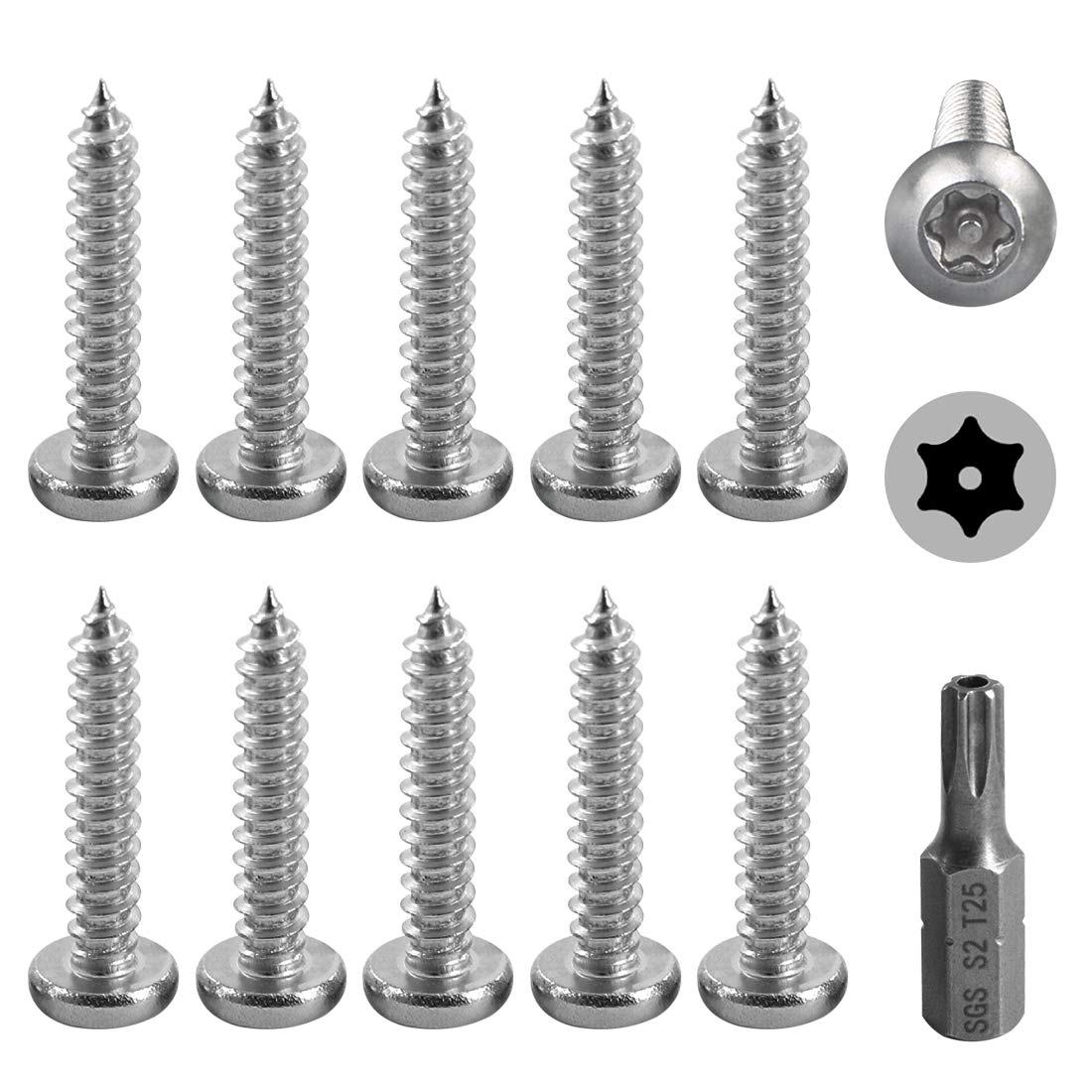 Hilitchi 50 Pcs #10 x 1” Stainless Steel Button Head Torx Sheet Metal Screws Security Silver Screws Anti-Theft Tamper Proof with Bit T25