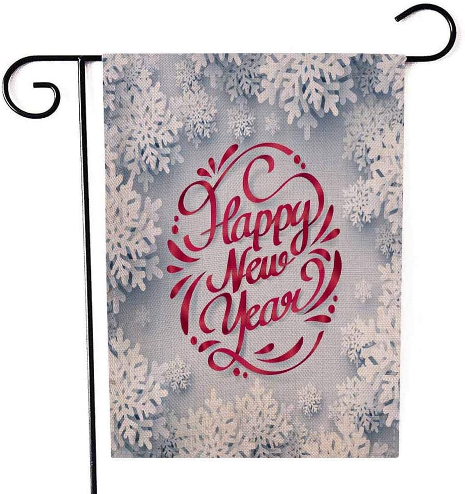 Capsceoll Garden Flag Outdoor 12.5X18 Inch Double Sided Red Ribbon Happy New Year Calligraphy Snowflake Art Decorative Yard Flag for Autumn Christmas Christmas Kids Christmas Flags