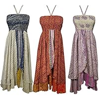 Mogul Interior Womens Sundress Recycled Silk Sari Vintage Two Layer Femme Boho Halter Dress Wholesale Lot Of 3 Pcs