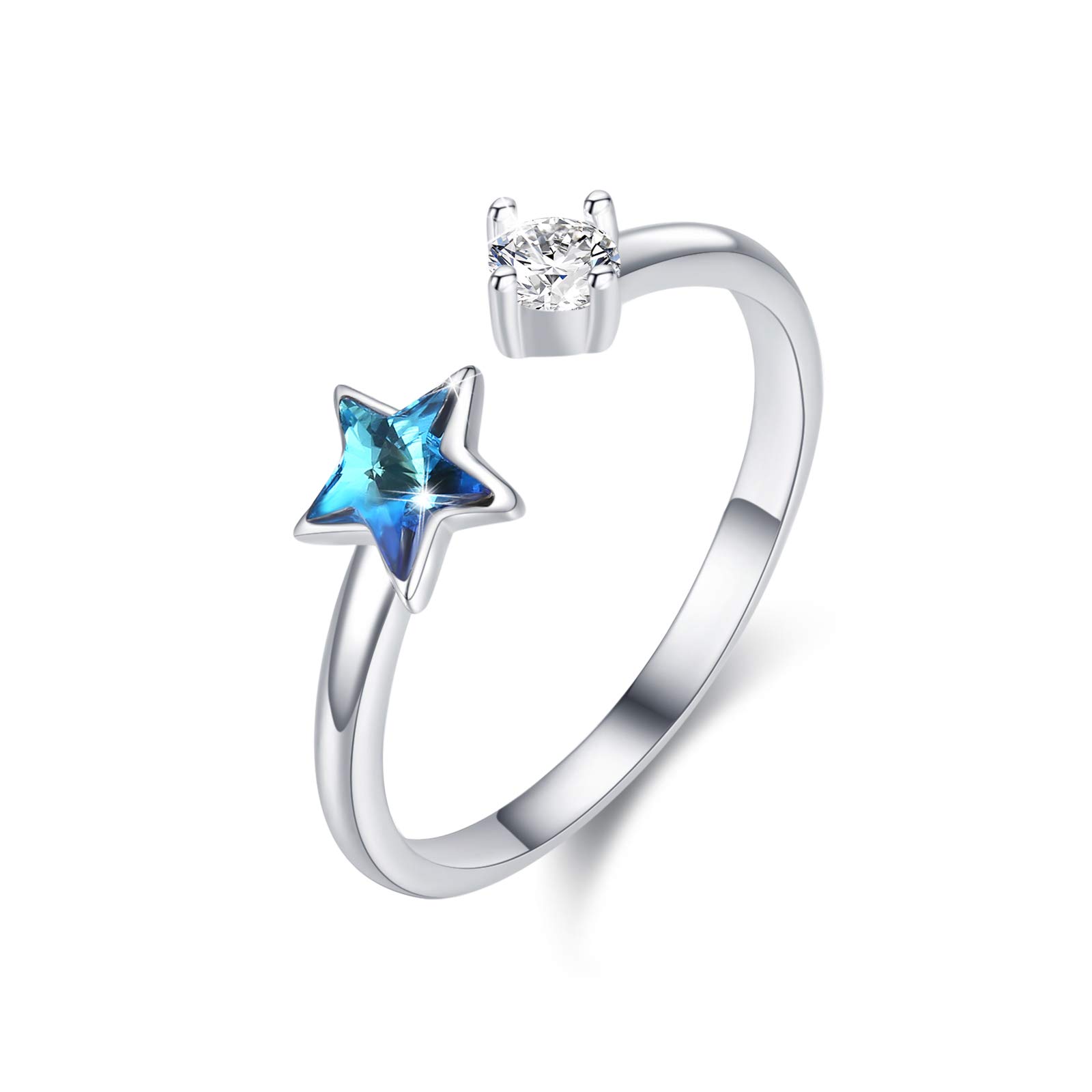 CUOKA MIRACLE Star Rings for Women 925 Sterling Silver Adjustable Crystal Open Ring Star Rings Valentine's Day Christmas’ Day Gifts for Women Girls