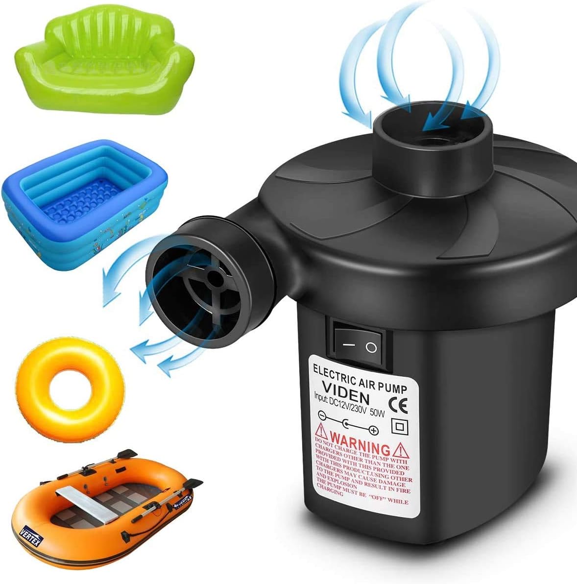 VIDEN Air Pump for Inflatables, Electric Mattress Pumps, for Inflatable Pool, Airbed, Camping, Sports, Kids Paddling Pools & Toys, with 3 Nozzles, Quick-Fill 110-120V, Portable, Black: Home & Kitchen