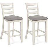 COSTWAY Bar Stools Set of 2, 26'' Upholstered Counter Height Barstools | Farmhouse Wooden Bar Chairs with Ladder Back, Padded Seat &amp; Footrest for Kitchen Island Dining Room, Pub, Cafe (Beige)