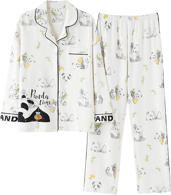 Amazon 秋冬 パジャマ レディース 綿100 ルームウェア 長袖 長ズボン 上下セット カジュアル 2点セット 前開き 襟付き 可愛い パンダ柄 おしゃれ かわいい 女の子 春秋 薄手 柔らかい 肌に優しい 部屋着 寝巻き 大きいサイズ ホワイト M L Xl Xxl