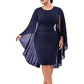 Hanna Nikole Womens Plus Size Chiffon Cape Dress Crew Neck Wedding Guest Dresses Ruched Bodycon Cocktail Pencil Dress