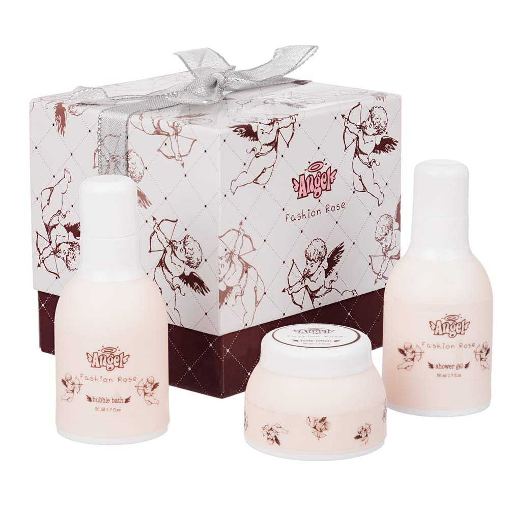 4 Piece Elegant Ladies Fashion Rose Body & Bath Box Gift Set - Includes Shower Gel, Bubble Bath, Body Lotion and an Eva Puff