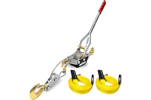 FITHOIST Come Along Winch Ratchet Tool 5 Ton Pulling Capacity 3 Hooks Steel Cable Dual Gear Power Puller with Two 1"x8FT Lifting Straps Hand Winch Cable Automotive Hoist Winch Puller Recovery Gear