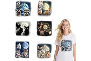 arricraft 6 Sheets Animal Moon Theme Iron on Decals Patches, 6 Styles Raccoon Owl Wolf Black Cat Moon Iron on Stickers PET Wa