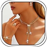 JAKAWIN Gold Choker Necklace and Earring Set Tassel Wedding Jewelry Bracelet Ring Sets for Women